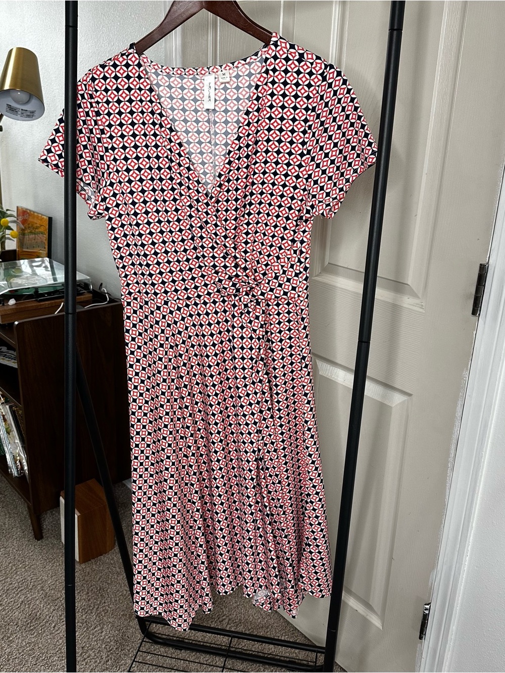 Tacera Red and White Geometric Wrap-Style Midi Dress 🛞